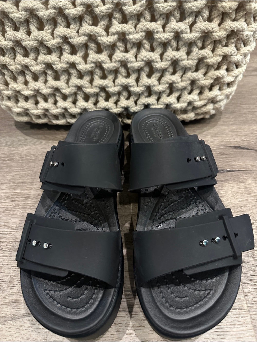 LiteRide crocs Black Double-Strap Slide Sandals with Stud Accents